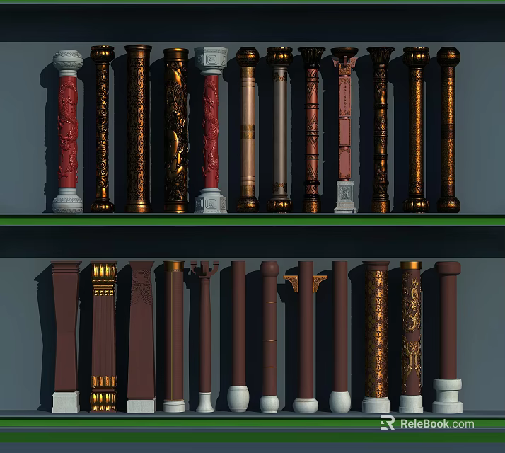 Decorative Columns With Carved Patterns Various Styles And Colorful Finishes 3d model 