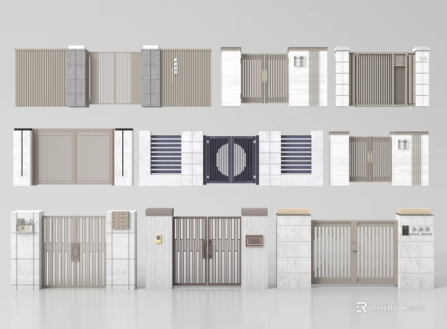 Modern Elegant Gates with Various Styles Stone Pillars Metal Grilles and Nameplates 3d model 