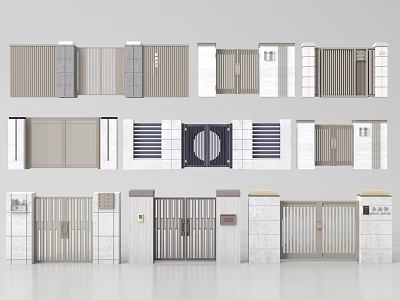 Modern Elegant Gates with Various Styles Stone Pillars Metal Grilles and Nameplates 3d model