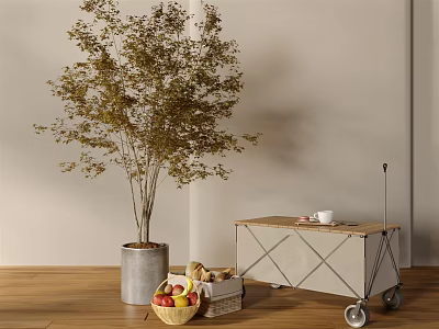 Large Bonsai Plant in Metal Pot with Wheeled Cart Wooden Top and Fruit Woven Basket 3d model