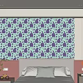 Modern Bedroom Featuring Bed Accent Wall With Light Green And Purple Patterns