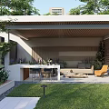 Modern Courtyard Garden Featuring White Building Black Fence Greenery Lawn Slate Path And Garden Lights