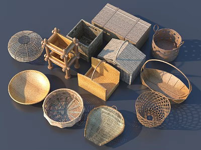 Handwoven Household Items Featuring Various Baskets Boxes Trays And Storage Containers 3d model