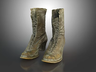 Vintage High Heel Lace Up Boots With Metallic Finish And Wrinkled Surface 3d model