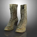 Vintage High Heel Lace Up Boots With Metallic Finish And Wrinkled Surface
