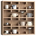 Diverse Tableware Collection on Wooden Shelf Featuring Ceramic and Metal Mugs with Various Designs