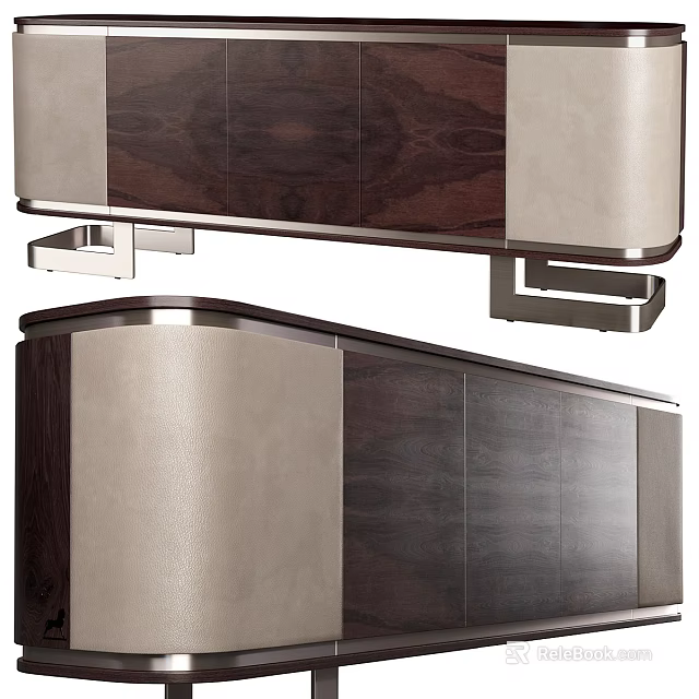 Modern TV Stand With Wooden Panel Leather Accent And Metal Legs Design 3d model 