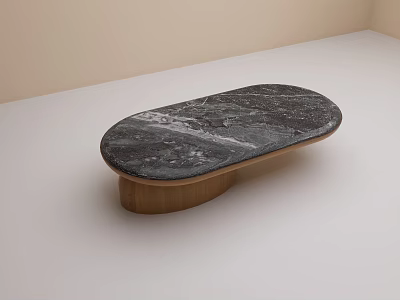 Modern Oval Coffee Table With Black Marble Top And Wooden Curved Base 3d model