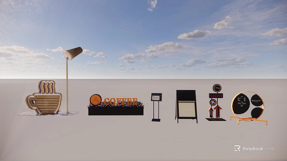 Outdoor DP Displays With Coffee Signs Menu Boards And Directional Signs Under Blue Sky 3d model 