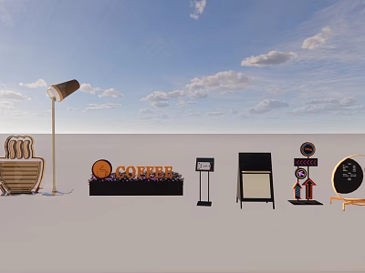 Outdoor DP Displays With Coffee Signs Menu Boards And Directional Signs Under Blue Sky 3d model