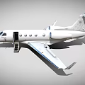 Small White Passenger Jet With Blue Accents And Open Cabin Door
