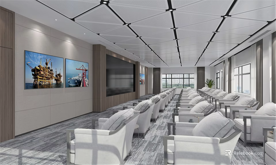 Modern Conference Room With White Chairs Large Screen Wall Paintings Spacious Layout And Natural Light 3d model 