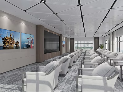 Modern Conference Room With White Chairs Large Screen Wall Paintings Spacious Layout And Natural Light 3d model