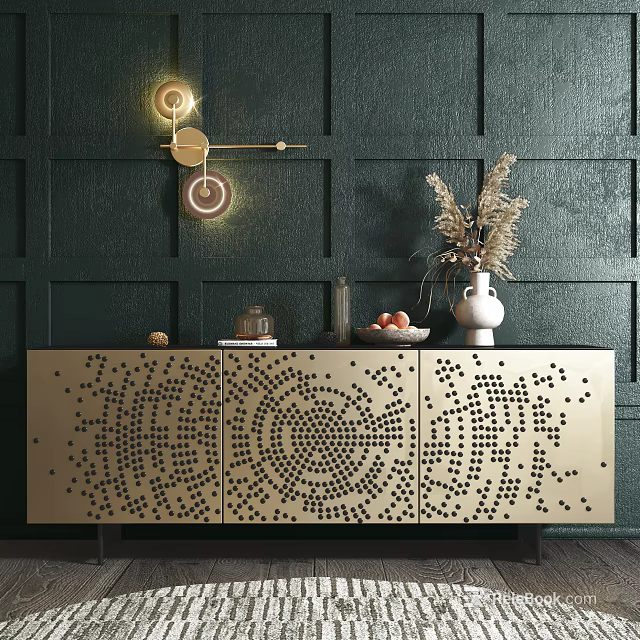 Gold Entryway Side Cabinet With Perforated Dot Pattern On Dark Green Wall Vase Dried Grasses 3d model