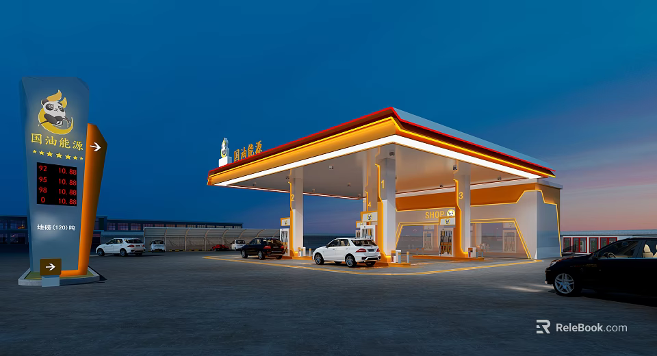 Modern Gas Station Exterior With Illuminated Canopy Fuel Pumps And Vehicles At Night 3d model 