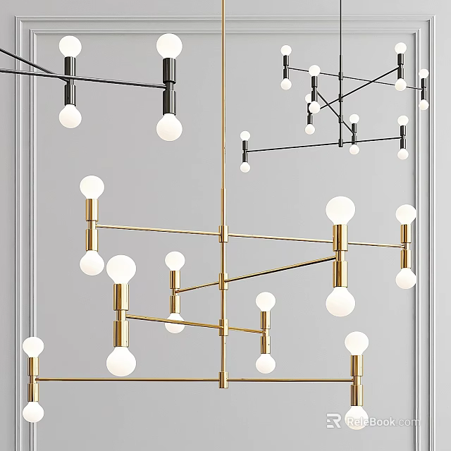 Modern Chandelier with Gold Metal Frame and Spherical White Bulbs in Contemporary Design 3d model 