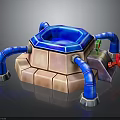 Hexagonal Blue Container Scene Component With Brick Base Blue Pipes And Red Knob Control Device 3d model