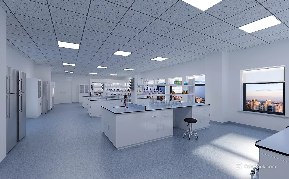 Modern Laboratory Interior With Spacious Layout White Benches Equipment And Cabinets 3d model 