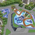Children's Play Area In Residential Community With Colorful Play Structures Green Trees And Slides