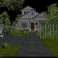 Detached Villa Exterior With Landscaped Garden Stone Pathway Greenery And Trees