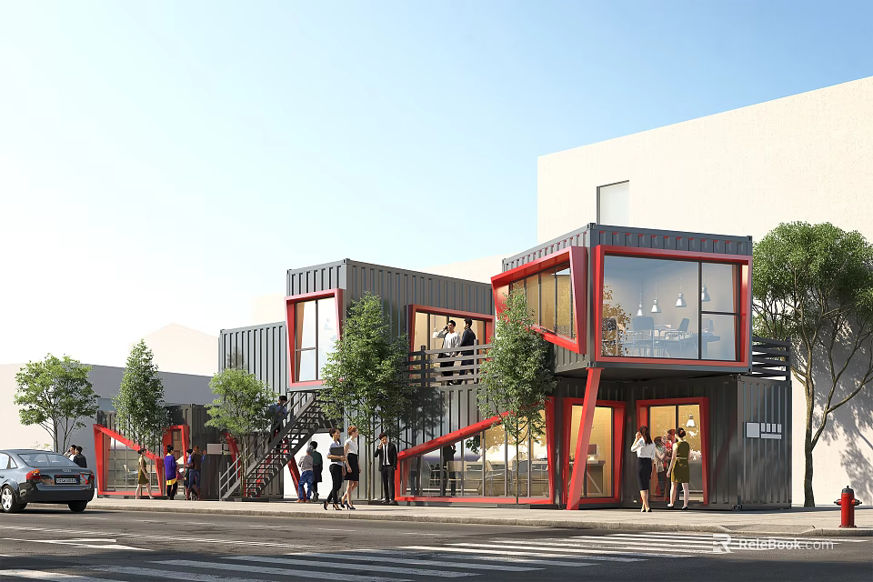 Container Built Modern Open Air Commercial Street With Pedestrians And Trees 3d model 