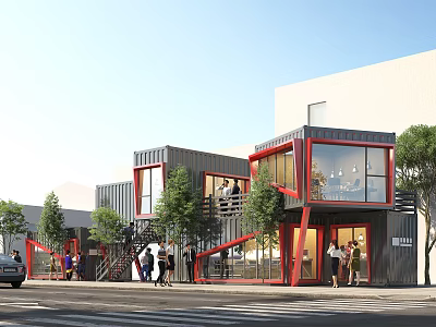 Container Built Modern Open Air Commercial Street With Pedestrians And Trees 3d model