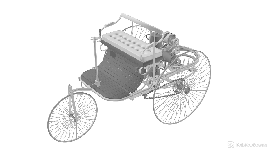 Vintage Three Wheeled Vehicle With Wooden Seat And Metal Spoked Wheels 3d model 