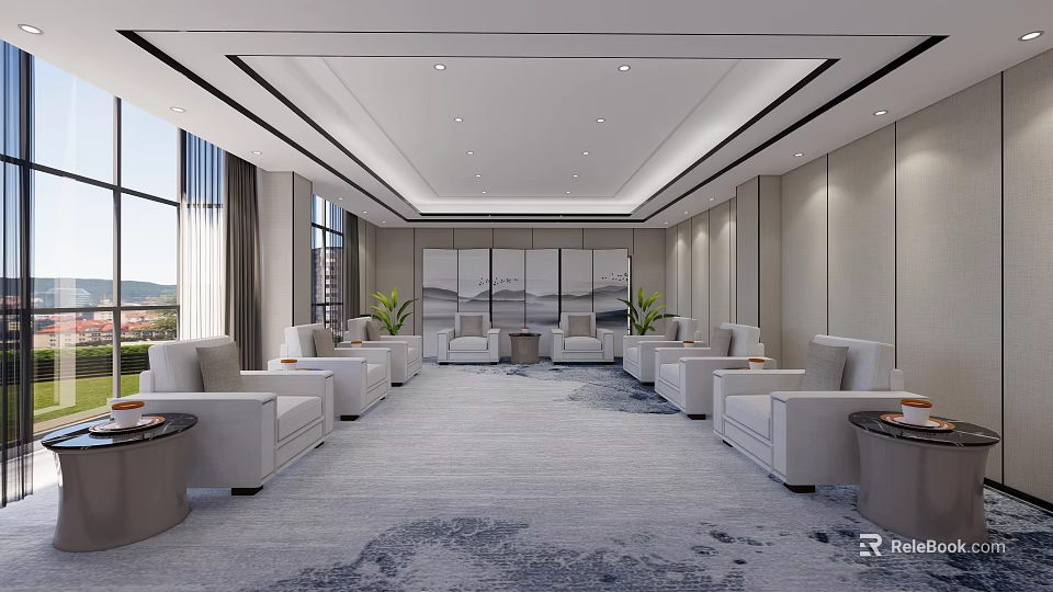 Spacious Hotel Public Lounge Area With Light Colored Sofas Large Windows And Decorative Paintings 3d model