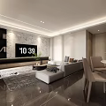 Modern Living and Dining Room Interior With Sofa Coffee Table Patterned Rug And Green Plant
