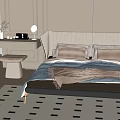Modern Double Bed with Upholstered Headboard Soft Pillows and Blanket on Checkered Carpet Bedroom