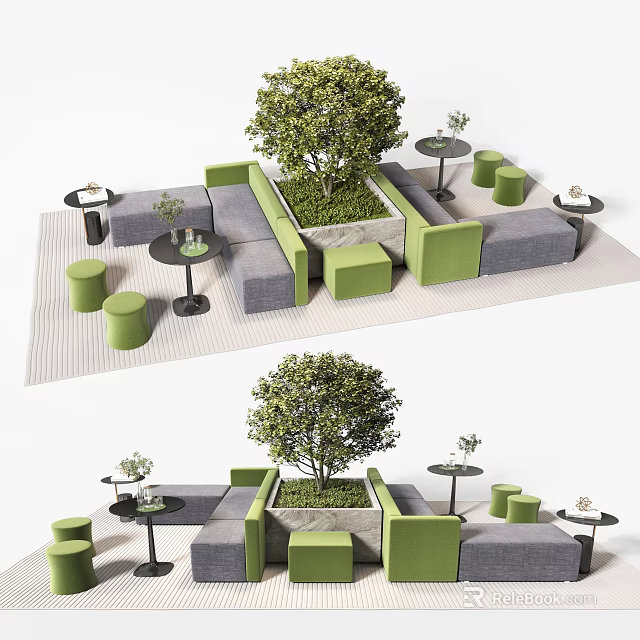 Green and Grey Modern Sofa and Coffee Table Set With Stools And Central Plant 3d model 