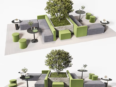 Green and Grey Modern Sofa and Coffee Table Set With Stools And Central Plant 3d model