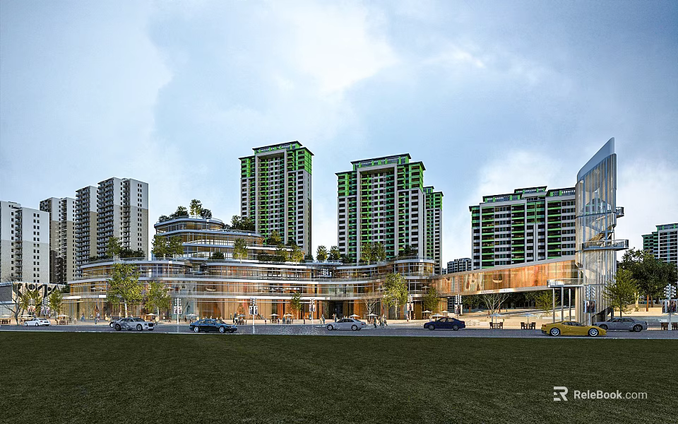 Modern High Rise Residential Towers Featuring Green Facades Low Rise Commercial Area Lawn And Cars 3d model 