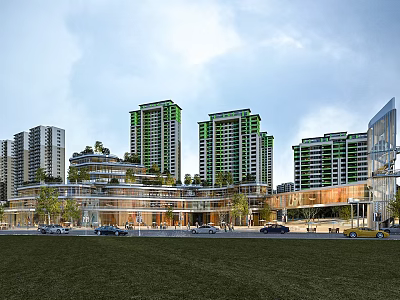 Modern High Rise Residential Towers Featuring Green Facades Low Rise Commercial Area Lawn And Cars 3d model