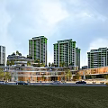 Modern High Rise Residential Towers Featuring Green Facades Low Rise Commercial Area Lawn And Cars