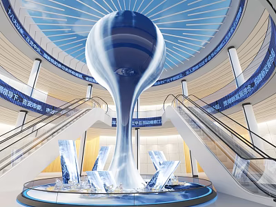 Modern Exhibition Hall With Large Water Drop Sculpture Escalators And Blue Lighting 3d model