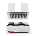 Modern Kitchen Appliances With White Range Hood And Stove Top Featuring Pans