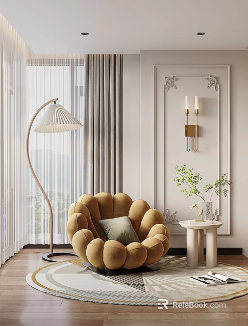 Beige Petal Shaped Single Sofa with Green Cushion White Floor Lamp and Gray Curtains 3d model 