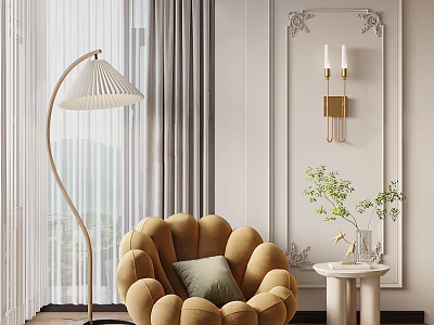 Beige Petal Shaped Single Sofa with Green Cushion White Floor Lamp and Gray Curtains 3d model