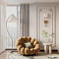 Beige Petal Shaped Single Sofa with Green Cushion White Floor Lamp and Gray Curtains