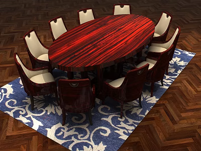 Mahogany Oval Dining Table Set With Eight Light Upholstered Chairs And Blue Patterned Rug 3d model