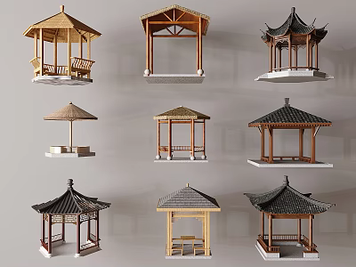 Traditional Style Pavilions With Various Roof Designs And Wooden Structures 3d model
