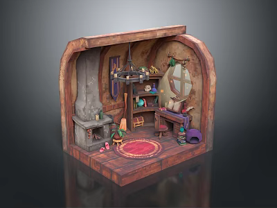 Small Cottage Interior Scene With Miniature Character And Toy Animal Decor Items 3d model