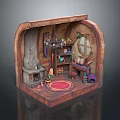 Small Cottage Interior Scene With Miniature Character And Toy Animal Decor Items