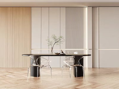 Simple Dining Table Set With Black Round Table Transparent Chairs Green Plant On Wooden Floor 3d model