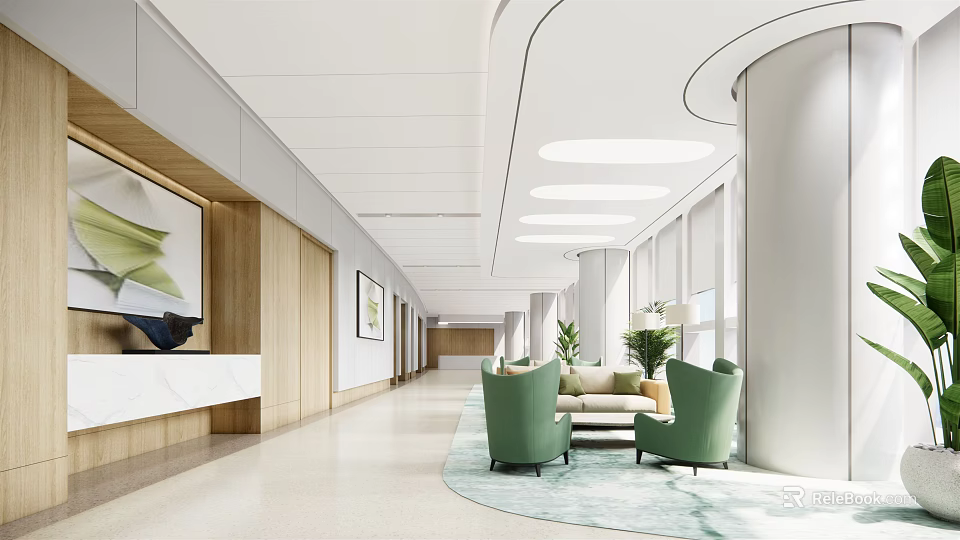 Spacious Hospital Outpatient Hall With Reception Desk Green Plants Natural Light And Minimalist Design 3d model 