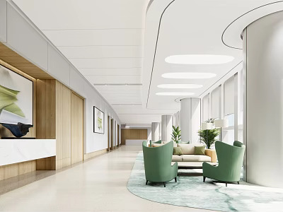 Spacious Hospital Outpatient Hall With Reception Desk Green Plants Natural Light And Minimalist Design 3d model