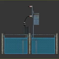Industrial Equipment Enclosed in Blue Metal Fence With Grid Structure and Red Indicators