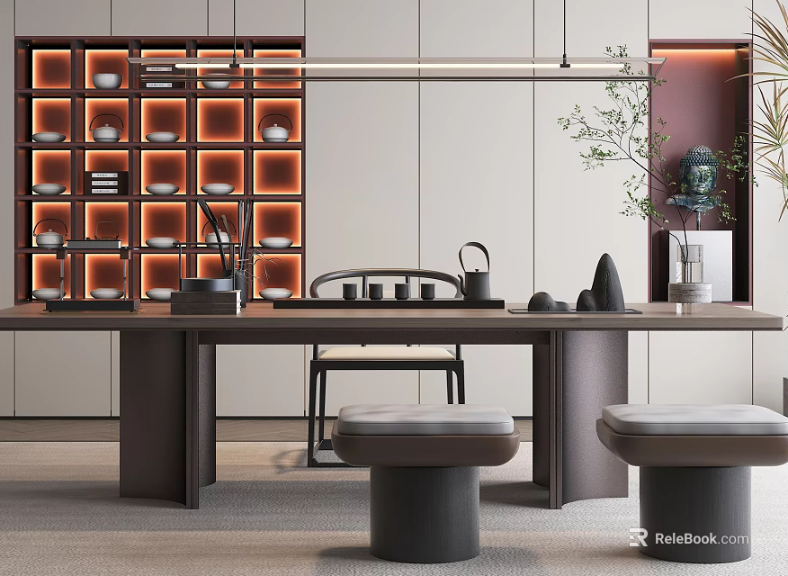 Modern Wooden Tea Table And Chairs With Teapot Cups Shelf And Warm Lighting 3d model 