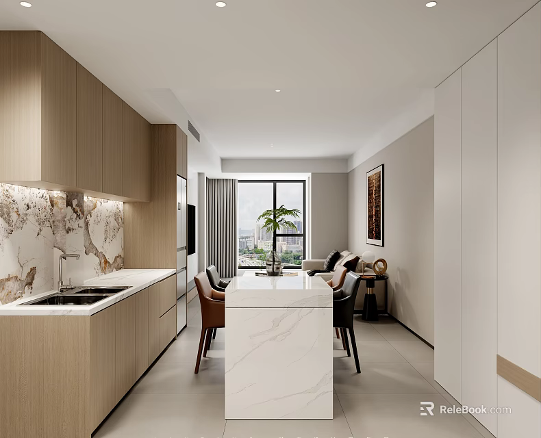 Modern Dining and Living Area With Open Design Wooden Cabinets Marble Island Countertop Dining Table 3d model 